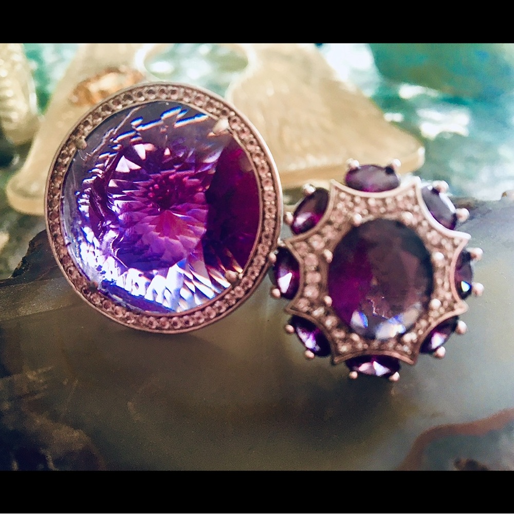 Vintage Pair  Silver 925 Amethyst & Clear Topaz Cocktail Ring both SZ 10 - Picture 14 of 14